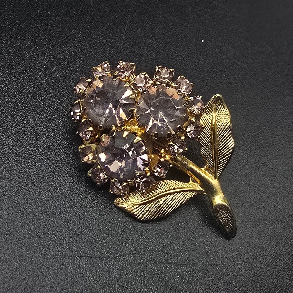 Pink Rhinestone Flower Brooch Gold Tone Vintage Costume Jewelry